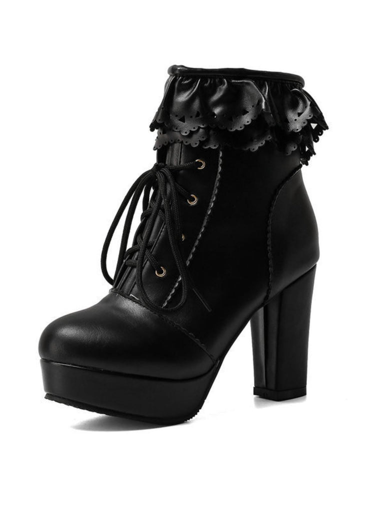 Bottes à talons hauts épais à lacets et volants vintage