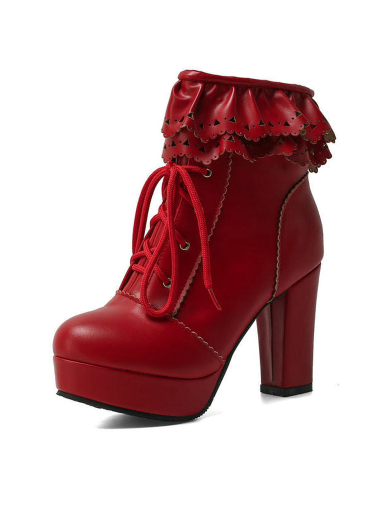 Bottes à talons hauts épais à lacets et volants vintage