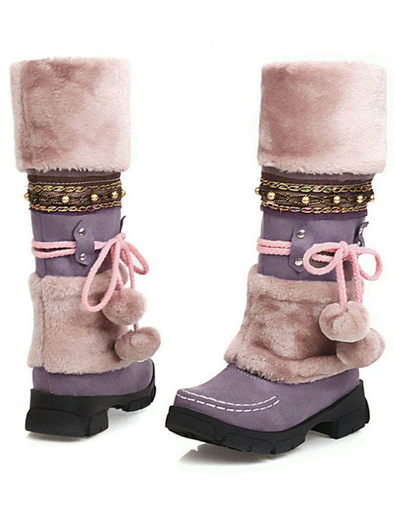 Bottes d'hiver vintage à pompons en fausse fourrure