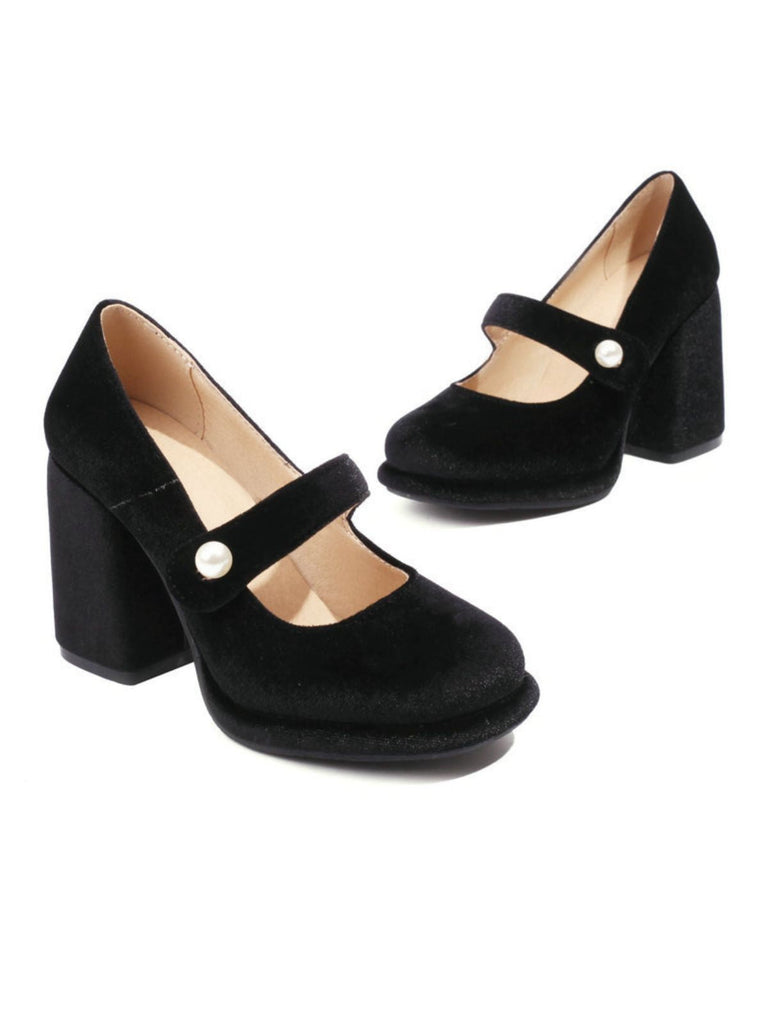 Chaussures Mary Jane en velours à boutons nacrés et talons compensés