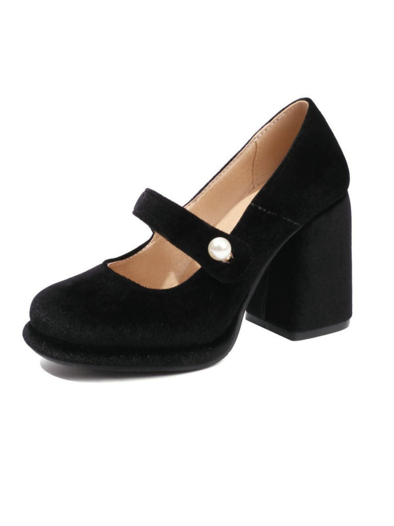 Chaussures Mary Jane en velours à boutons nacrés et talons compensés