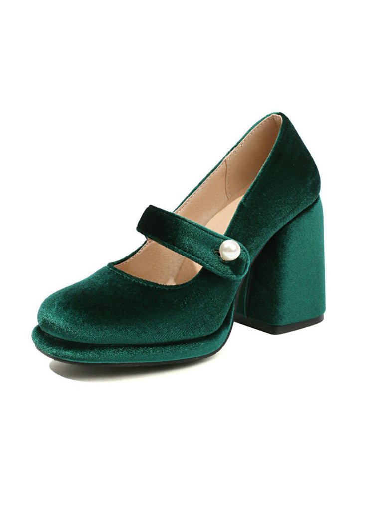 Chaussures Mary Jane en velours à boutons nacrés et talons compensés
