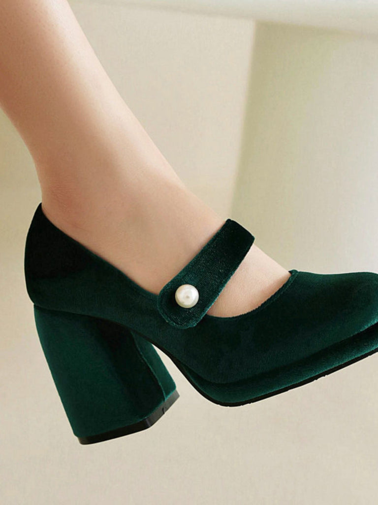 Chaussures Mary Jane en velours à boutons nacrés et talons compensés
