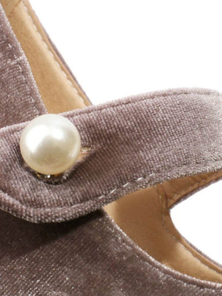 Chaussures Mary Jane en velours à boutons nacrés et talons compensés