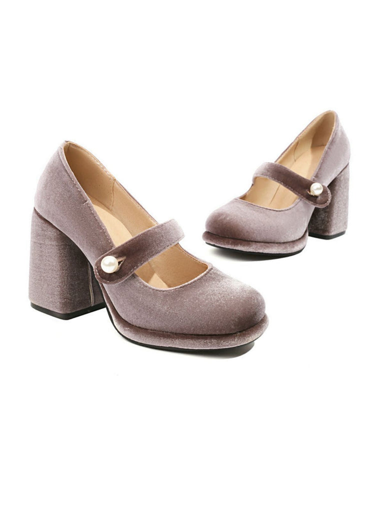 Chaussures Mary Jane en velours à boutons nacrés et talons compensés