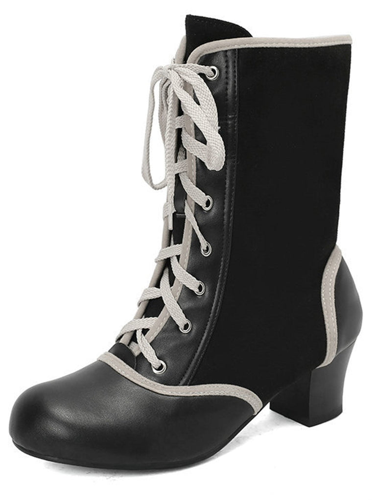 Bottes mi-mollet vintage à lacets en faux daim et cuir