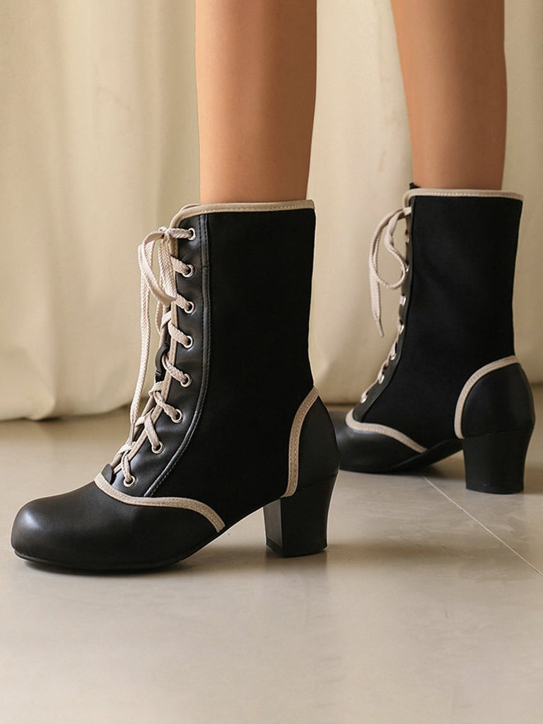 Bottes mi-mollet vintage à lacets en faux daim et cuir