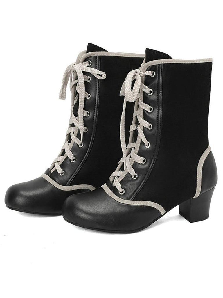Bottes mi-mollet vintage à lacets en faux daim et cuir