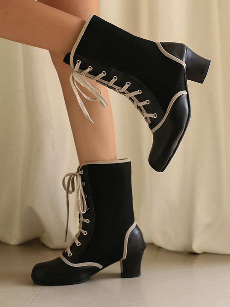 Bottes mi-mollet vintage à lacets en faux daim et cuir