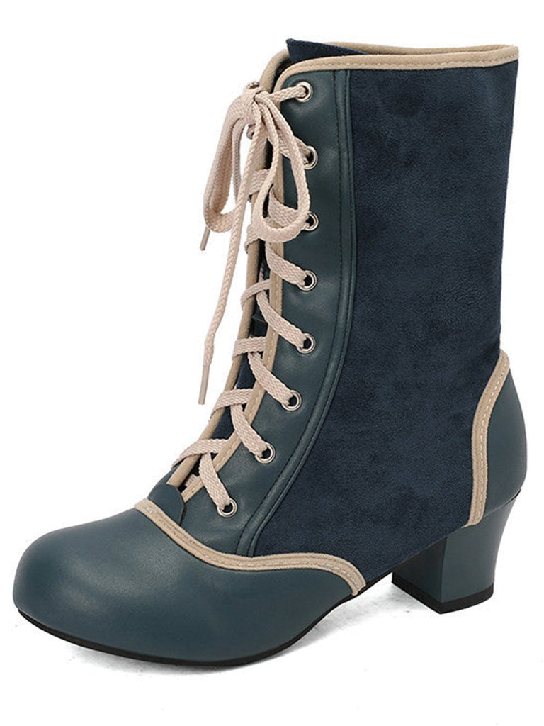 Bottes mi-mollet vintage à lacets en faux daim et cuir