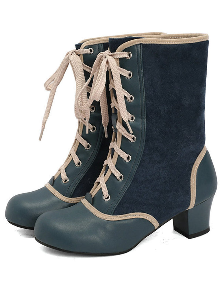 Bottes mi-mollet vintage à lacets en faux daim et cuir