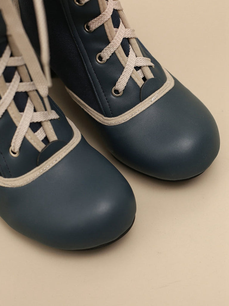 Bottes mi-mollet vintage à lacets en faux daim et cuir