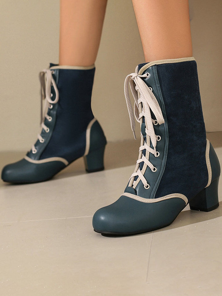 Bottes mi-mollet vintage à lacets en faux daim et cuir
