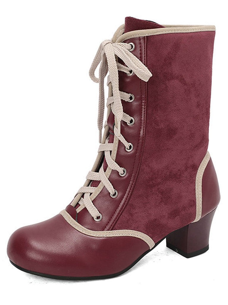 Bottes mi-mollet vintage à lacets en faux daim et cuir