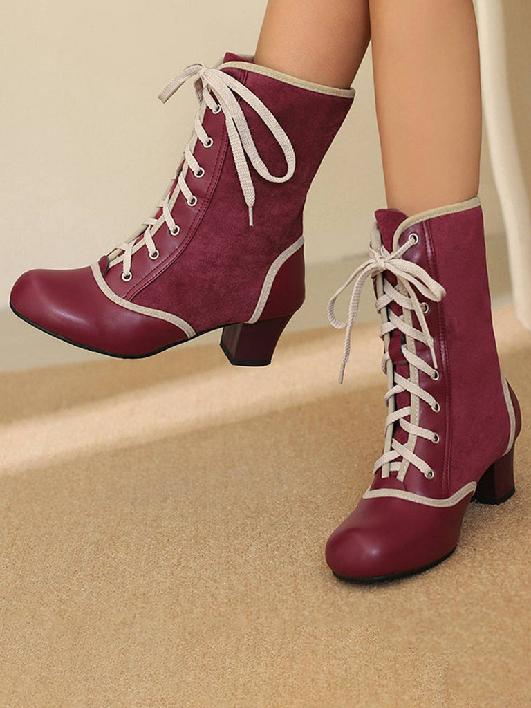 Bottes mi-mollet vintage à lacets en faux daim et cuir