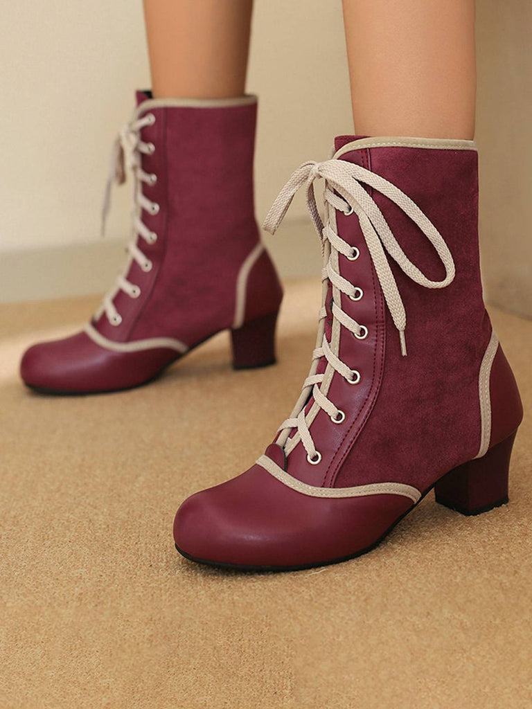 Bottes mi-mollet vintage à lacets en faux daim et cuir
