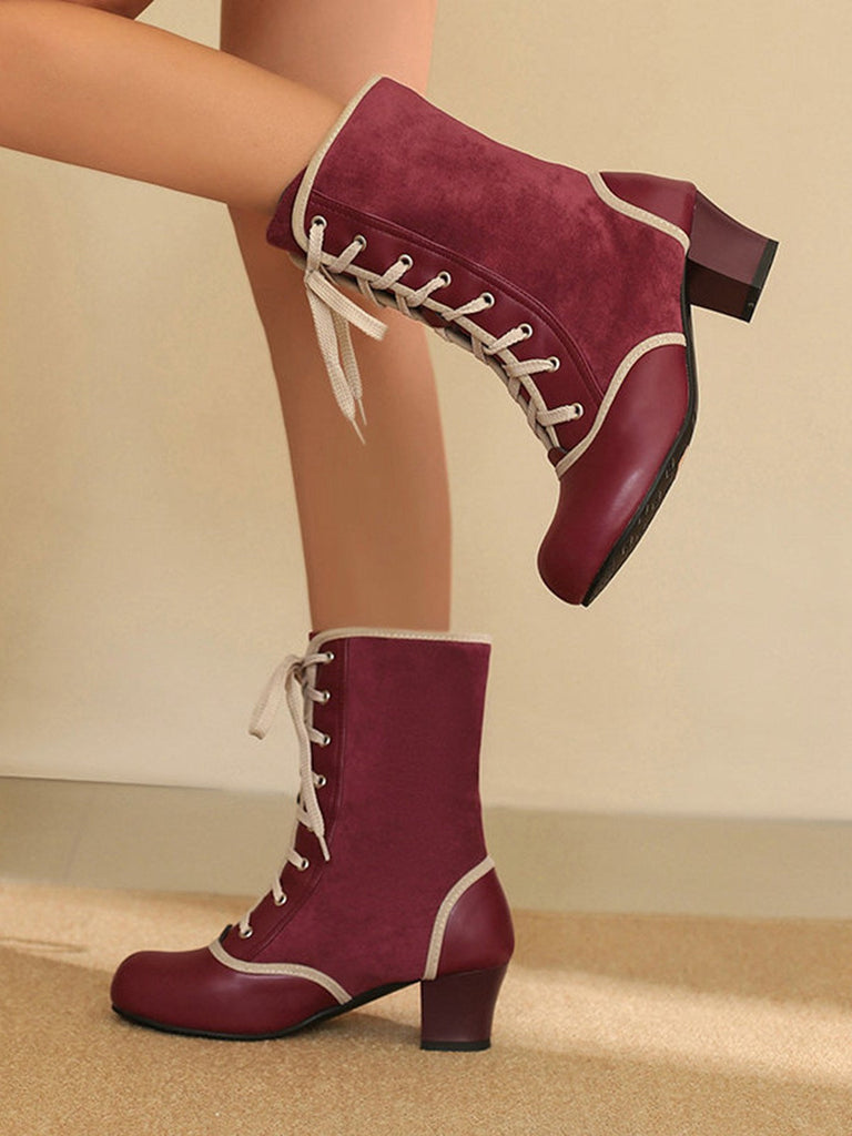 Bottes mi-mollet vintage à lacets en faux daim et cuir
