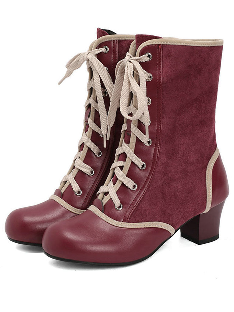 Bottes mi-mollet vintage à lacets en faux daim et cuir
