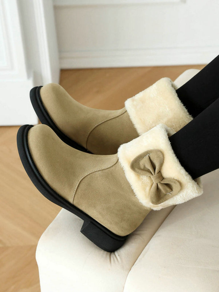 Bottines d'hiver à bout rond et nœud orné de peluche