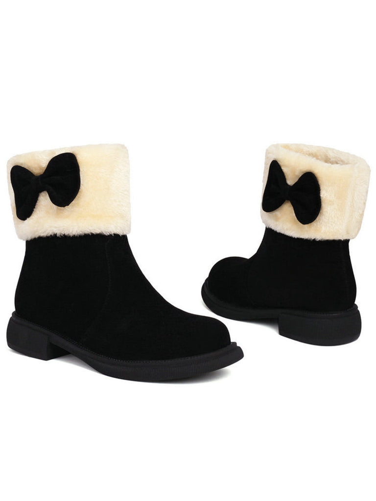Bottines d'hiver à bout rond et nœud orné de peluche