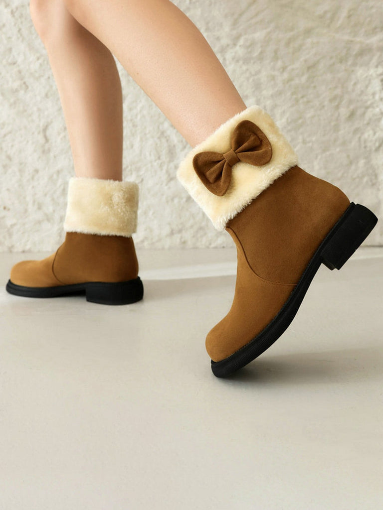 Bottines d'hiver à bout rond et nœud orné de peluche