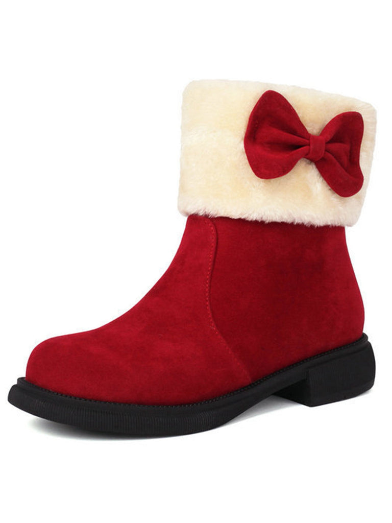 Bottines d'hiver à bout rond et nœud orné de peluche