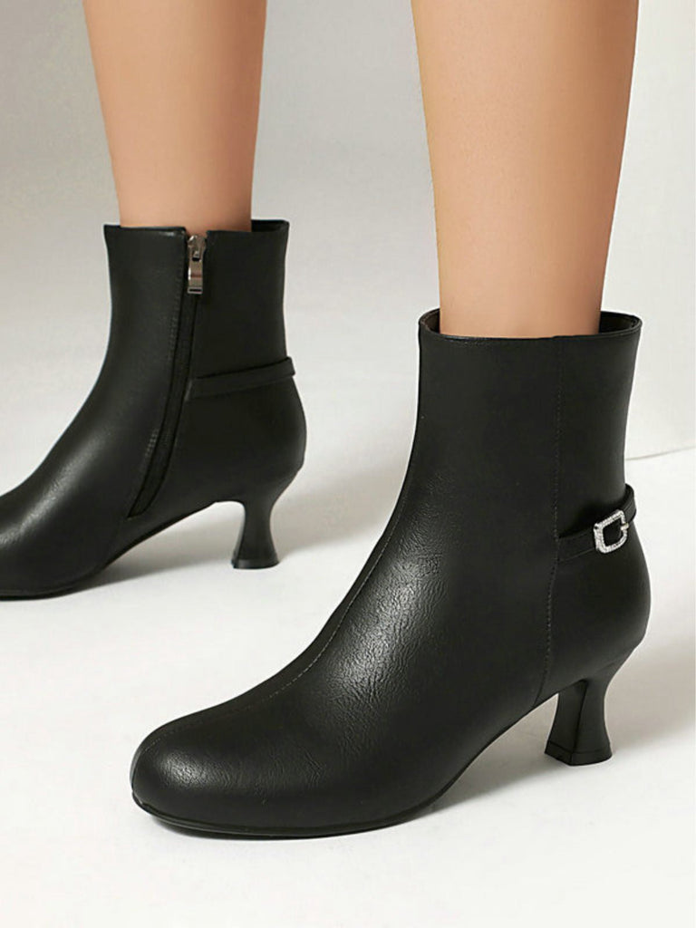 Bottines rétro en similicuir uni avec fermeture éclair latérale