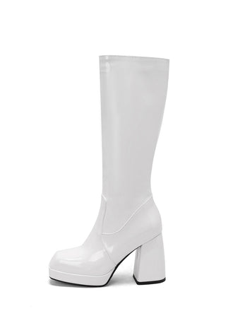 Bottes à talons hauts solides en cuir verni à bout rond