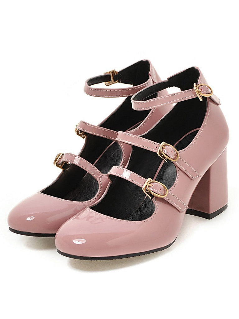 Escarpins à talons hauts en cuir verni vintage à boucles multiples