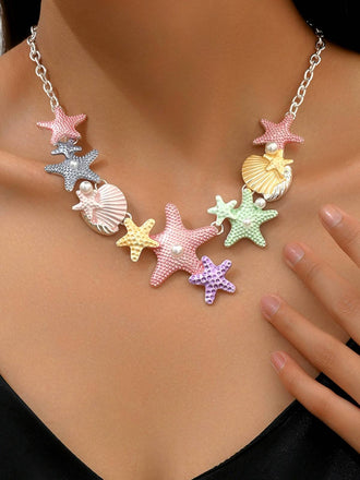 Collier chaîne étoiles de mer coquillage perle