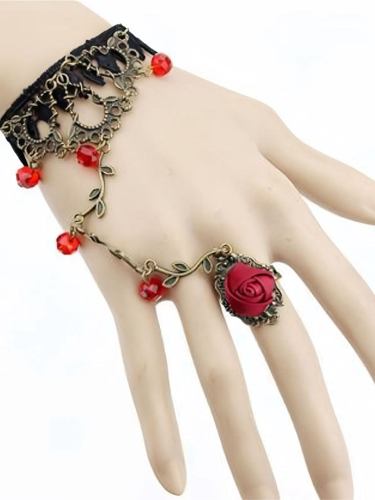 Bracelet vintage gothique en dentelle de vigne rose avec anneau en cristal