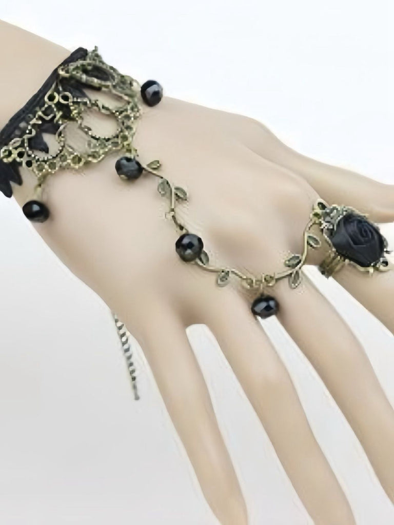 Bracelet vintage gothique en dentelle de vigne rose avec anneau en cristal