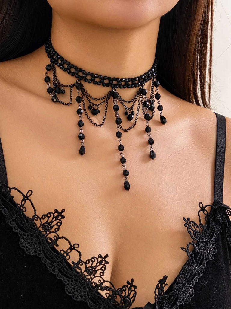 Collier pendentif gothique à pampilles en cristal artificiel noire