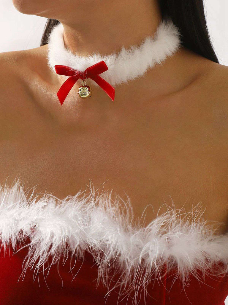 Collier ras-du-cou en peluche avec nœud papillon et clochette de Noël