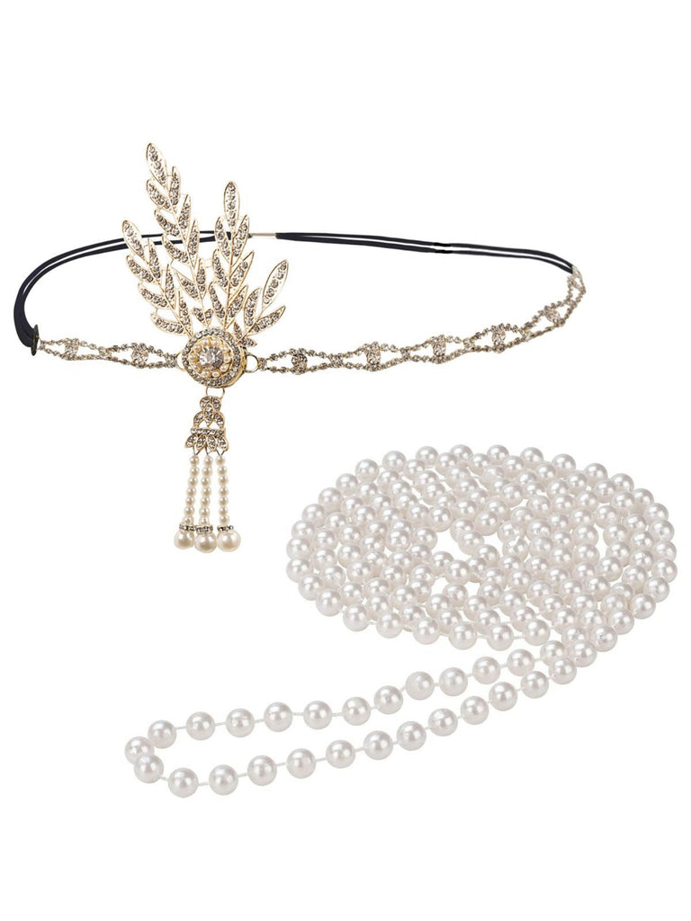 Ensemble Bandeau en Alliage de Plumes et Collier de Perles Gatsby