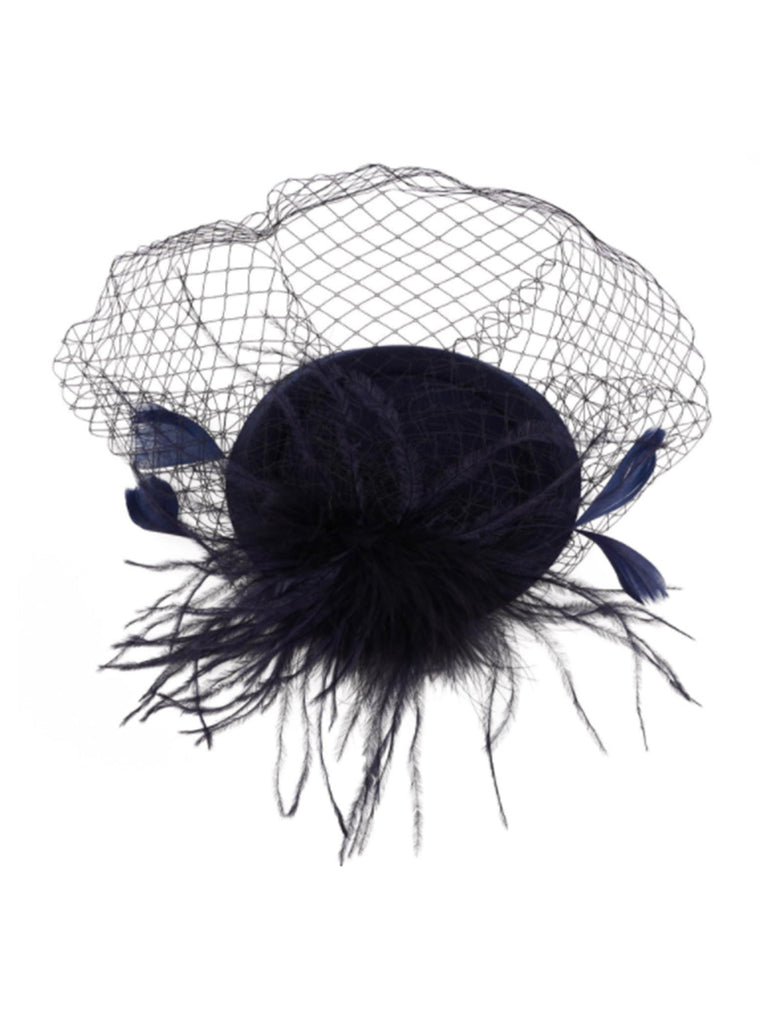 Chapeau bibi noir en fausses plumes avec voile
