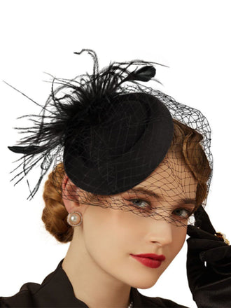 Chapeau bibi noir en fausses plumes avec voile