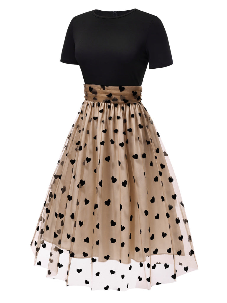 Robe Swing Vintage Année 50 Noire à Pois de Cœur Cocktail Pin Up