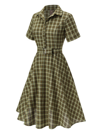 Robe Swing Verte Jaune Année 50 Boutonnée avec Ceinture