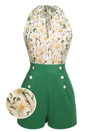Combishort vintage à lacets et col licou à fleurs des années 1950