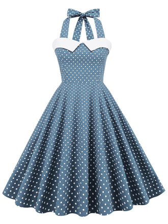 Robe trapèze bleue à pois années 1950 Rockabilly Pin Up