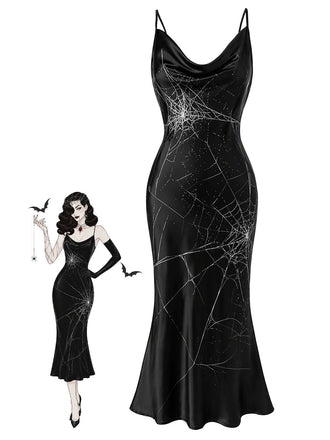 Robe noire Halloween à motif toile d’araignée des années 1960