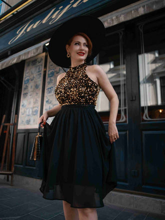 Robe patchwork noire à paillettes dorées des années 1950