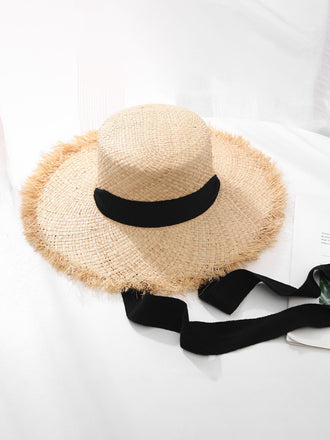 Chapeau de soleil vintage kaki en paille avec ruban
