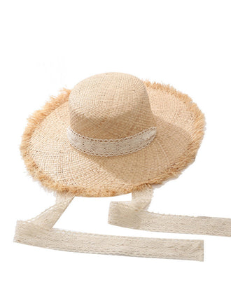 Chapeau de soleil vintage kaki en paille avec ruban