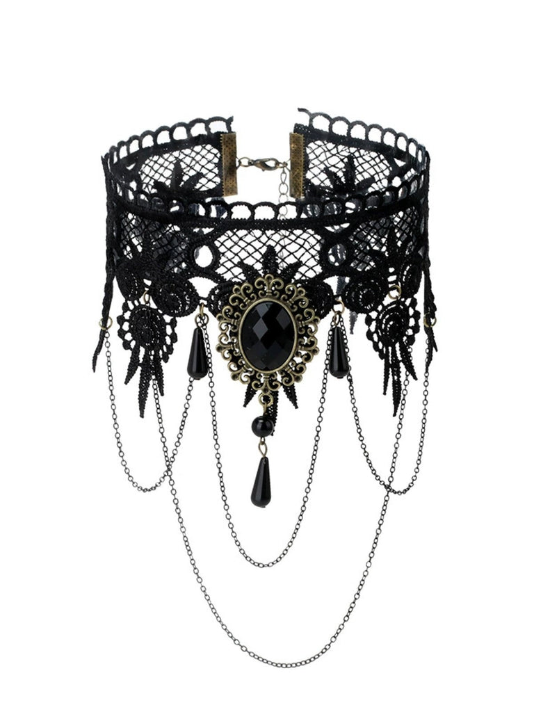 Collier ras du cou gothique vintage en dentelle brodée