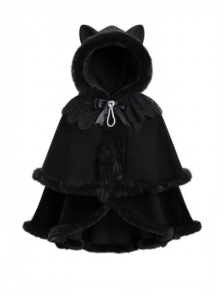 Cape à capuche style chat noire et fourrure synthétique des années 1960