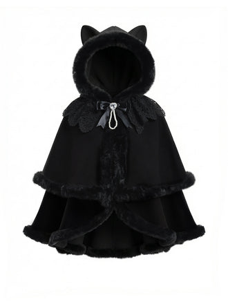 Cape à capuche style chat noire et fourrure synthétique des années 1960
