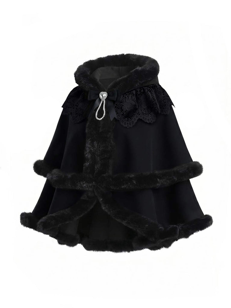 Cape à capuche style chat noire et fourrure synthétique des années 1960