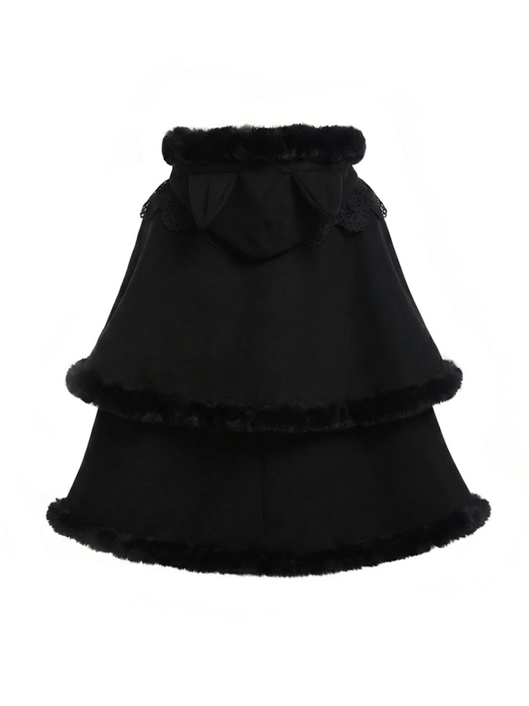 Cape à capuche style chat noire et fourrure synthétique des années 1960